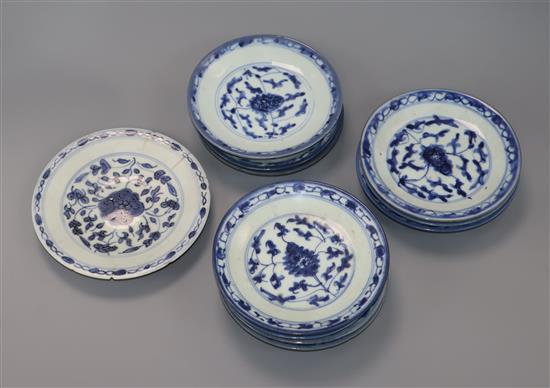 Eleven Chinese blue and white plates, 18th century largest diameter 16cm